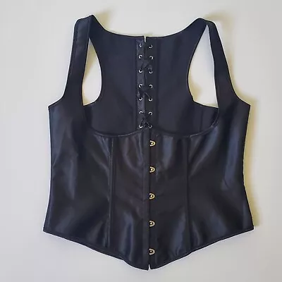 Underbust Corset Vest Medium Black Satin Boning Hook Loop Adjustable Goth Witchy • $24.99