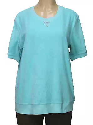 Quacker Factory Women's Terry Cloth Top Sweater Short Sleeve Aqua Size L • $14