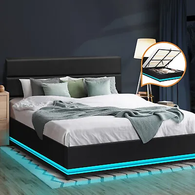 Oikiture Bed Frame Queen Double King Size RGB LED Gas Lift Base With Storage • $389.90