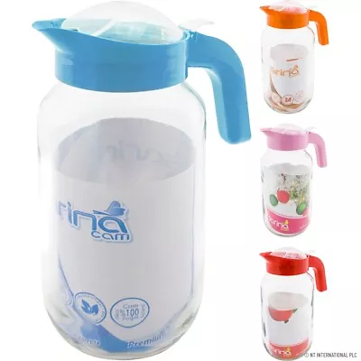 2 X 1.5l Water Juice Jug Glass Cocktail Fridge Kitchen Picnic Lid Handle Table • £6.99