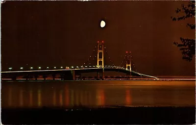 Mackinac Suspension Bridge At Night Michigan Vintage Postcard  • $4.75