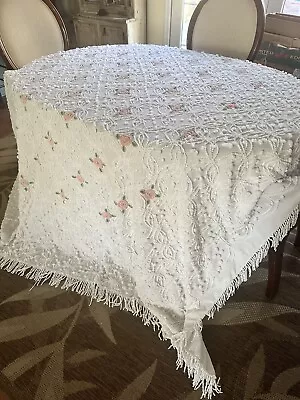 VTG Chenille Bed Spread White W Rosettes 104x84 CUTTER  • $51
