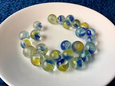 Vintage 25 Blue Yellow White Marbles Collection Glass Cats Eye • $2.50