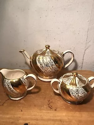 Vintage Sadler Teapot Sugar Bowl Milk Jug Gold And Cream • £25