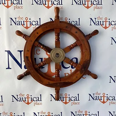 18  Wood Ship Wheel With Brass Center -Large Wooden Ship's Wheel -Nautical Decor • $54.94