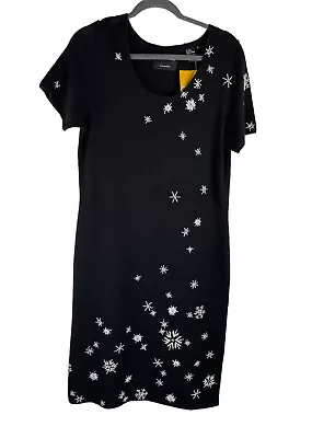 Michael Simon Black Dress W/ Embroidered SnowflakesNWT 55%Ramie 45% Cotton Sz M • $24.99