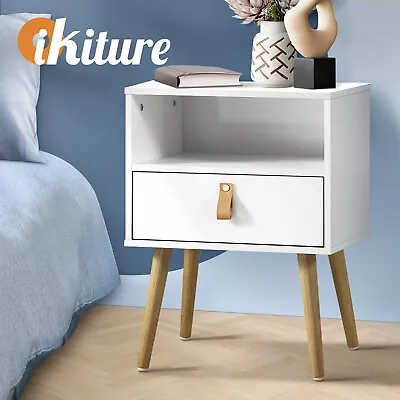 Oikiture Bedside Tables Side Table Drawer Cabinet W/ Leather Handle White • $65.90