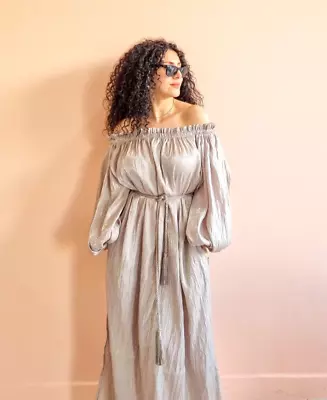 Off Shoulder Dress Moroccan Loose Kaftan Dress Silver Maxi Dress Handmade Kaftan • $110