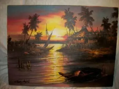 Vintage Island Sunset Oil Painting Hawaiian Japan Hut Trees Charles Dolittle • $269.98
