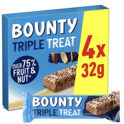 £4.89 • Buy Chocolate Bars BOUNTY TRIPLE TREAT 4 X 32g Pack Of 4 Bars Fruit, Nut & Chocolate