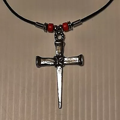 NAIL CROSS Pewter Pendant Charm /  ROPE NECKLACE WITH COLOR BEADS • $13.49