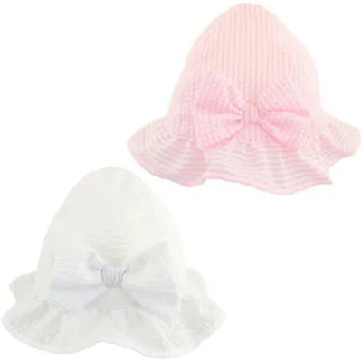 Baby Sun Hat With Bow Girls Summer Cotton Bucket Cap Frilly Wide Brim 0-18 Month • £6.95