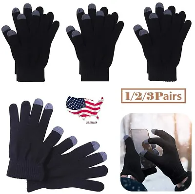 3Pairs Adult Men's Black Thermal Warm Magic Winter Gloves Knit Elastic Stretchy • $7.27