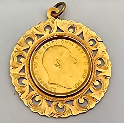 1908 ~BRITISH GOLD SOVEREIGN COIN In 18K Elaborate FRAME~ Pendant Charm 11.81 Gr • $1100
