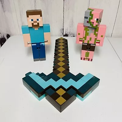 2014 Mattel Minecraft Diamond Pattern Pickaxe Sword With Steve And Zombie Pigman • $29.95