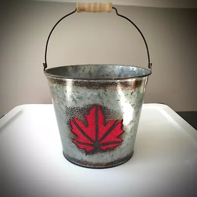 6 X 8  RUSTIC MAPLE LEAF PAIL / BUCKET Metal Tin Kitchen Decor Canada Silver Red • $14.99