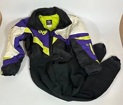Vintage 80s-90s Roffe One Piece Ski Suit Black Purple Neon White Stirrups Sz 14 • $98.99