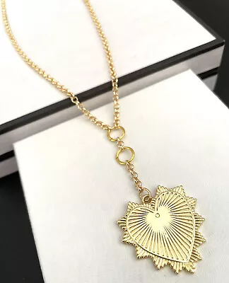 Belcher Chain Necklace Textured  Radial Heart Token Medallion Charm • $49.95