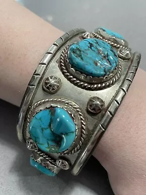 Navajo Natural Turquoise Cuff Bracelet 5 Stones Silver Handmade Vintage Wristlet • $975