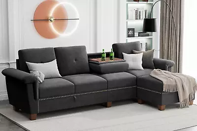 Luxurious 107  L-Shaped Sectional Couch With Storage And Reversible Chaise - Bla • $953.62
