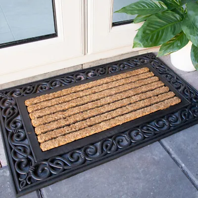 Classic Rubber & Coir Door Mat | Black Ornate Bordered Coir Brush Doormat • £12.95