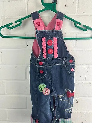 Next Baby Pink Dungarees Overalls Blue Denim Patches  Clothing 0-3 Months #LH • £3.42