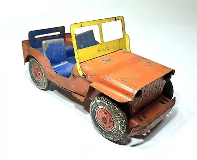 Marx Willys Jeep Metal Pressed Steel W/ Metal Wheels 1940’-50’s Vintage Red Blue • $89.99