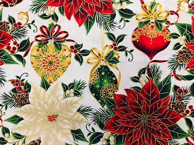 Tina Scrap Christmas Winter Holly Ornaments Poinsettia Fabric Cotton 9 X21  • $2.99