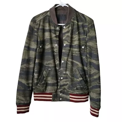 ALL SAINTS Mason Varsity Goat Leather Snap Button Bomber Jacket In Camo Size XS • $290