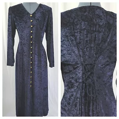 Vtg Brett Alixander Navy Blue Velvet Dress W Faux Button Down Size 14P • $21.99