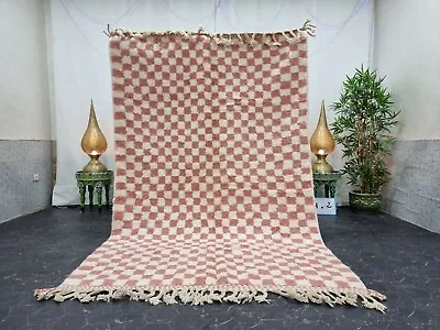 Moroccan Handmade Beni Ourain Rug 5'3 X8'3   Berber Checkered Pink White Carpet  • $525