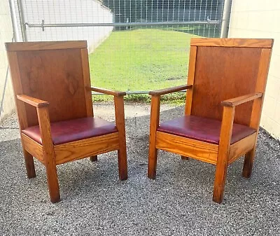 Vintage Oak High Back Church Arm Chairs - Pair • $895