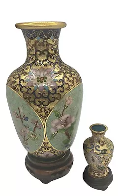 Cloisonne Vases Enamel Floral 6” And 2.25” Vintage Gilded On Wooden Stand Asian • $34.99