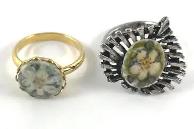 Sizeable Women's Rings With Hand Painted Ceramic Settings Lot Of 2 Floral Bezel • $11