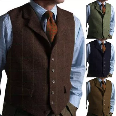 Mens Tweed Vest Windowpane Plaid Vintage Western Wool Vests S M Large XL 2XL 3XL • $19.99