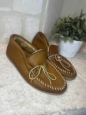 Cabela’s Natural Brown Leather Shearling Lined Moccasin Slip On Slippers Sz 15 • $55.99