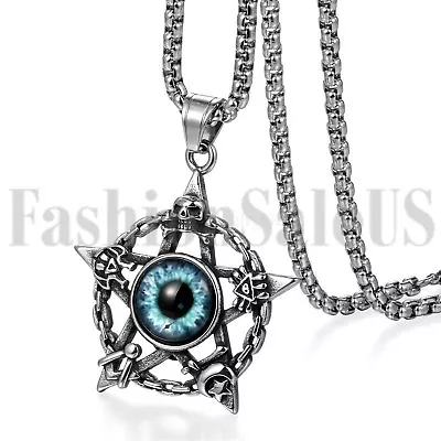 Retro Mens Stainless Steel Pentagram Evil Devil Eye Skull Pendant Necklace Chain • $10.99