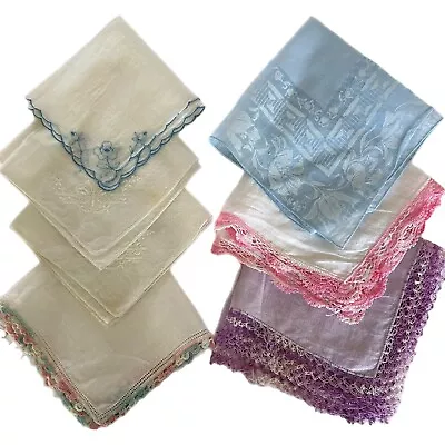 Vintage Handkerchiefs Lot Of 7 Embroidered Crocheted Edge White Purple Pink Lace • $10.79