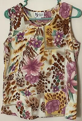 MAGGIE SWEET Womens Sleeveless Top Made In USA Cream/Pink/Gold Floral Size Small • $7.49