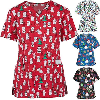 Women Nursing Scrub Tops Printed Medical Uniform Merry Christmas Flowers Shirts` • $25.84