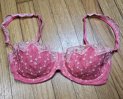 Victoria's Secret Sexy Balconet Bra Womens Sz 34D Boho Pink Lace Sequins Ruffles • $19.99