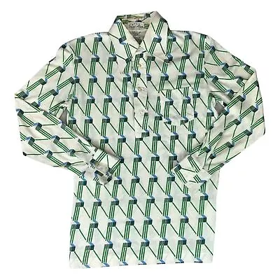 Vtg 1970s Big Collar Mens Poly Smock Shirt Geometric Psychedelic Print 38” (36) • £40