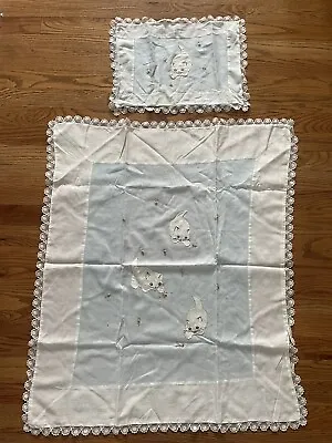 Vintage 20’s Appliquéd Kittens Cats Baby Doll Crib Coverlet Blanket + Pillowcase • $18