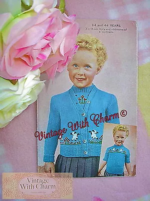 Vintage Knitting Pattern Girls Cardigan & Jumper Lambs & Flowers Patt. • £1.99