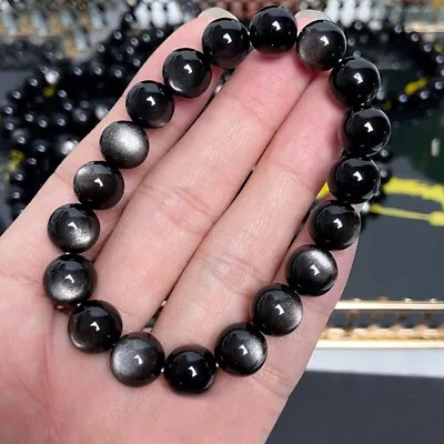 Silver Sheen Obsidian 8mm Round Beads Healing Balance Luck Women Men Bracelet • $11.50
