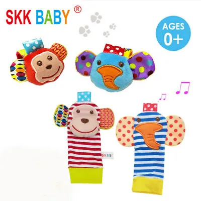 SKK BABY Wrist Foot Finder Socks Rattles Developmental Soft Animal Toys Set • £4.95