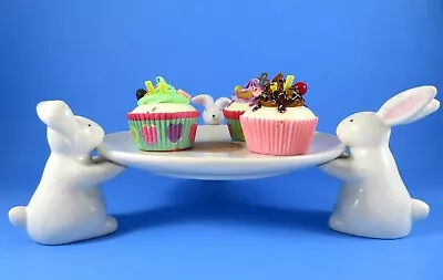 Tri-Bunny Ceramic Cake Stand By Carrot Patch Cottage For Cupcakes Or 7 Inch Cake • $26.99