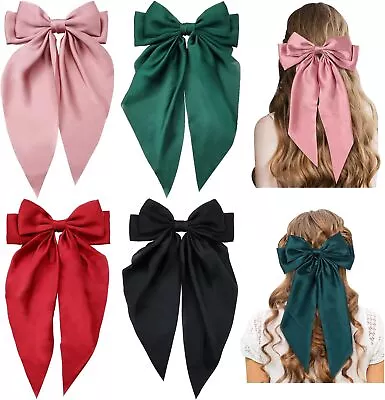 Girls Large Oversized Colourful Bow Knot Hair Clip Long Silky Ribbon Bowknot UK • £3.99