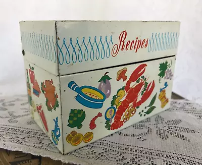 Vintage Ohio Art Co. Metal Recipe Box Lobster Salad Turquoise Inside Kmart Tag • $20