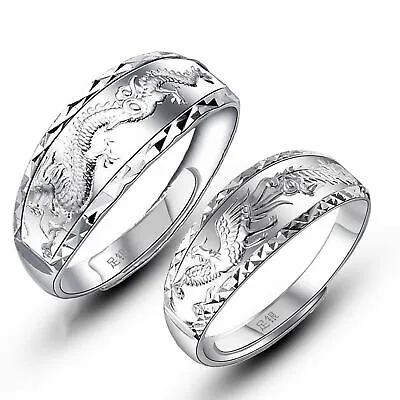 $18.03 • Buy Pure Silver Ring For Women Men Dragon Phoenix Pattern Lover Ring Lucky Gift Ring